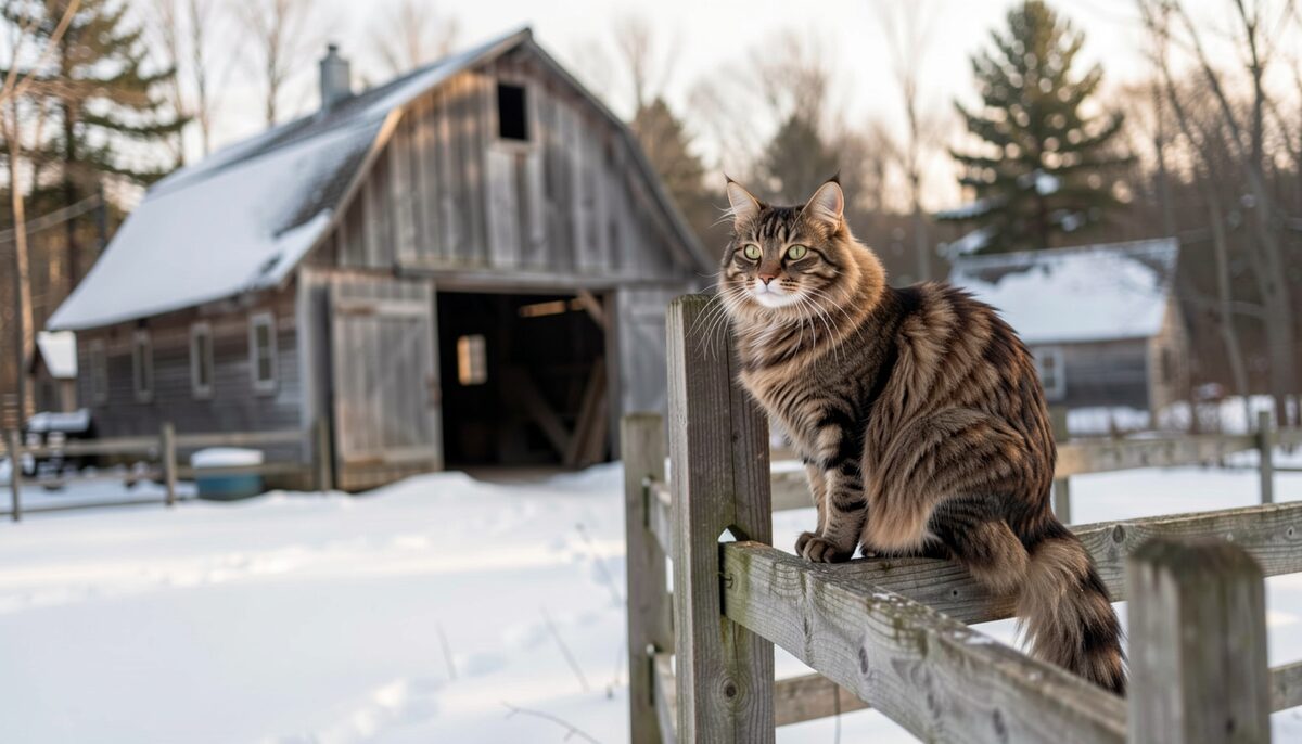 An old wooden barn in a snowy Maine landscape, a large long-haired tabby cat sitting on a fence rail
