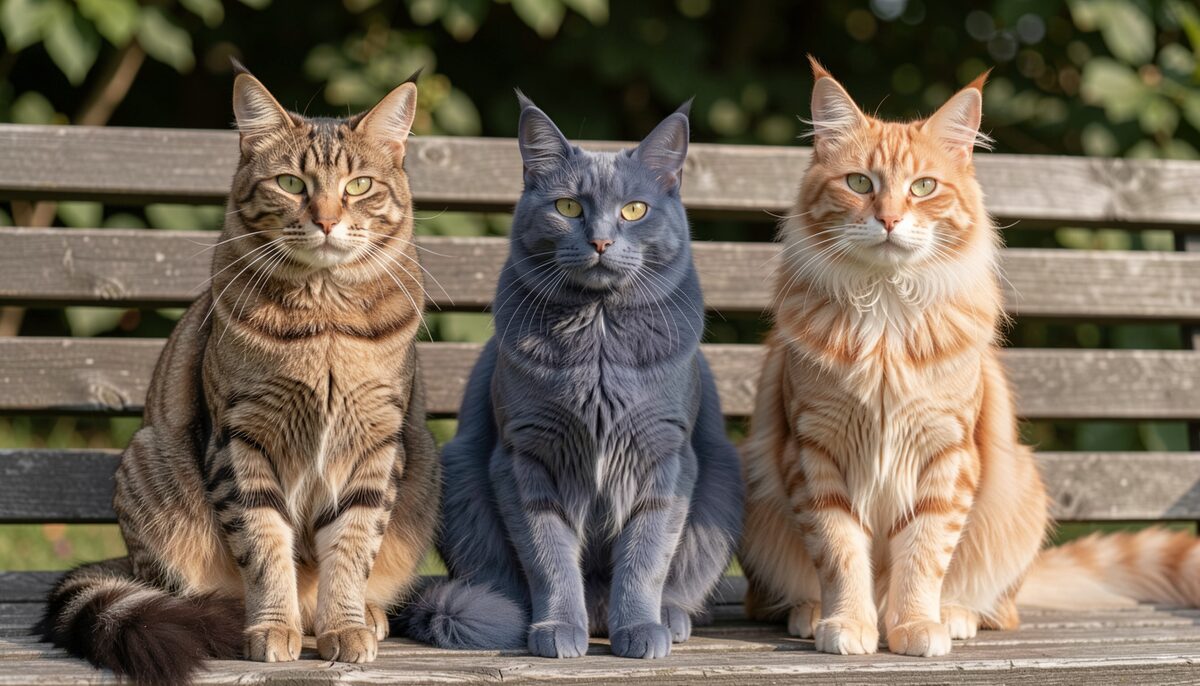 Three Maine Coons side by side on a wooden bench showing a brown tabby, a blue solid and a red silver coat