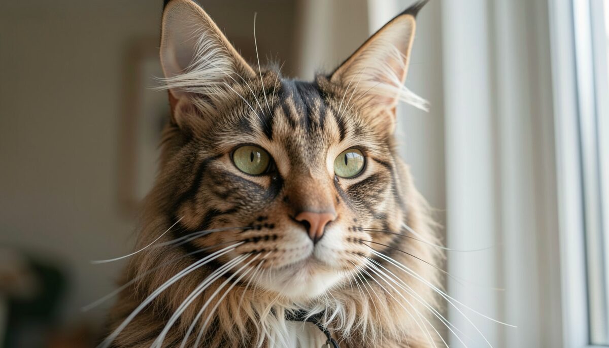 Close portrait of a Maine Coon face beside a window, large tufted ears and strong square muzzle