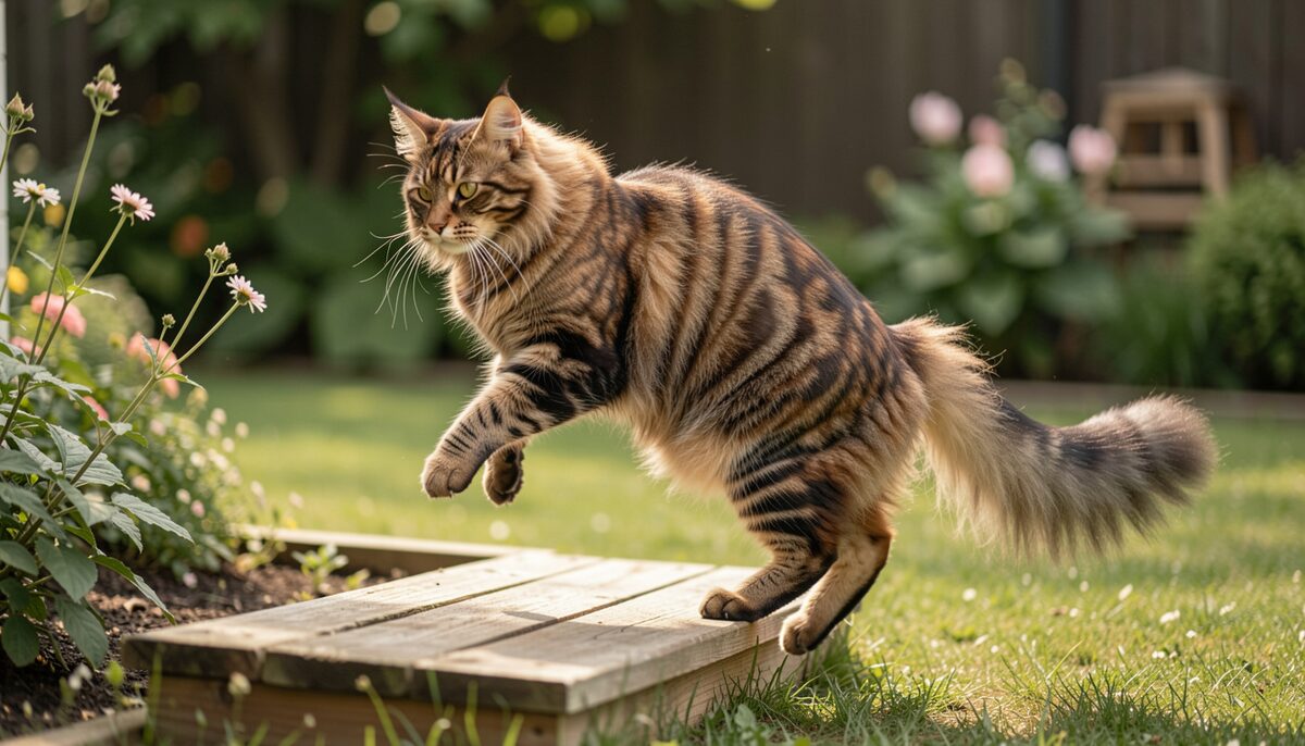 A Maine Coon jumping down from a low wooden step in a garden, powerful hindquarters visible