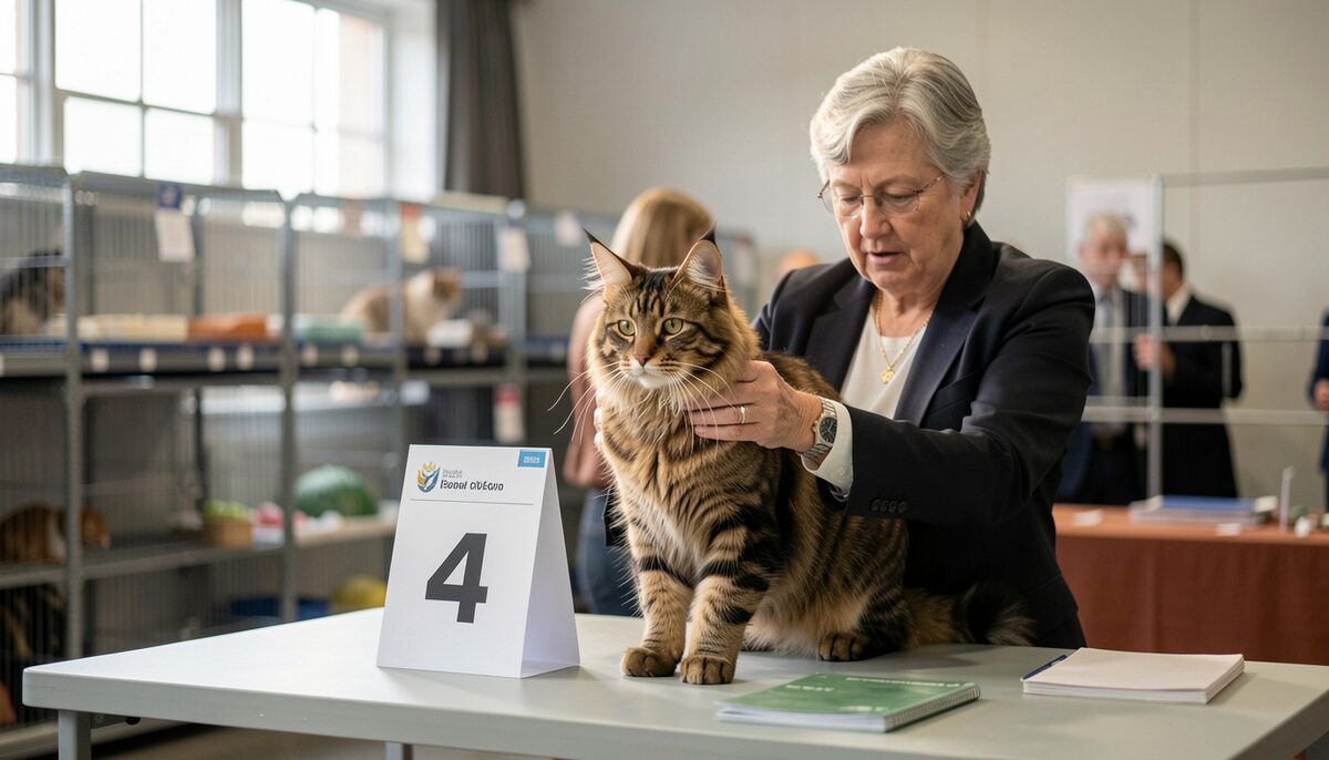 A judge in a show hall examining a Maine Coon held up on a table with show cages behind