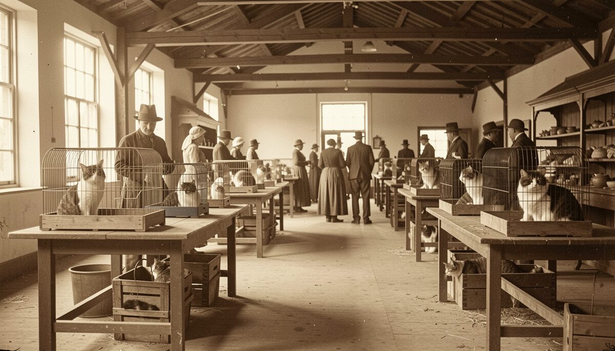 A nineteenth century agricultural fair hall with cages of cats on wooden tables, sepia tones
