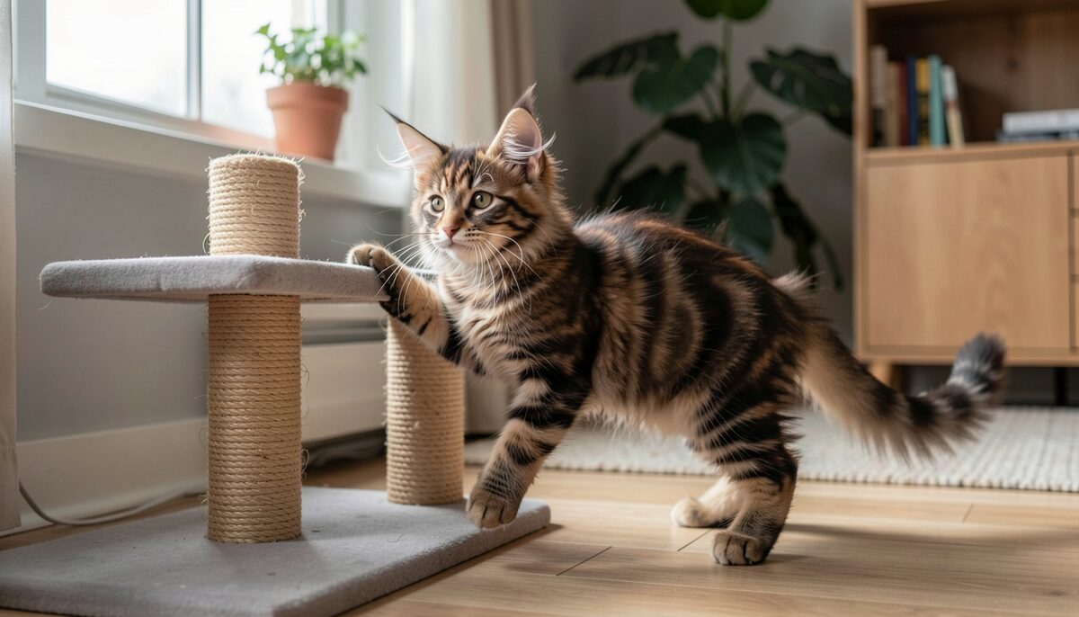 A three month old Maine Coon kitten with oversized ears exploring a living room, climbing on a low cat tree near a window