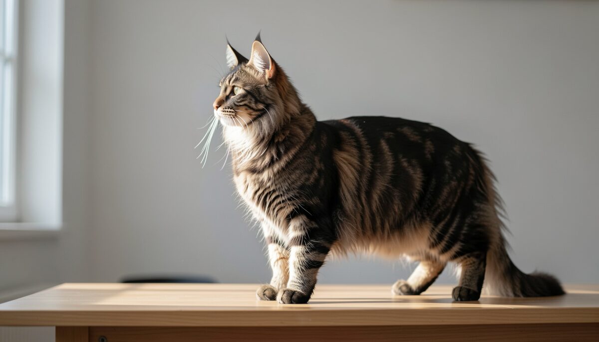 A Maine Coon in profile on a judging table in a show hall, ear tufts and square muzzle clearly visible