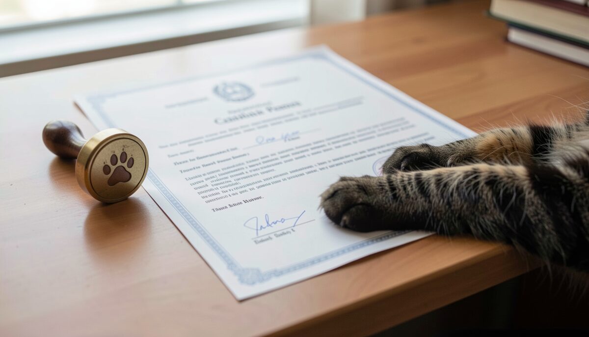 An official pedigree certificate document lying on a desk beside a paw print stamp, a Maine Coon paw resting on the paper